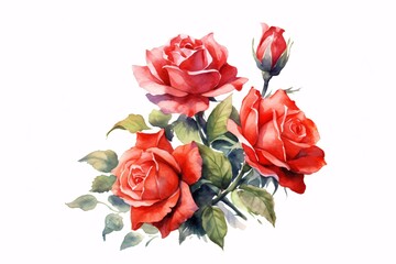 Fototapeta premium Flowers roses, branches, leaves and buds on an isolated white background, watercolor illustration, floral design. Generative Ai.