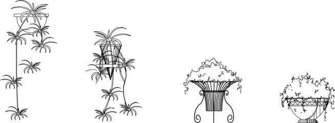 Sketch vector illustration of ornamental plants in pots to decorate the room