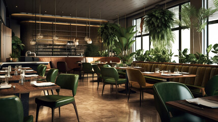 Obraz premium midcentury modern style restaurant interior with neutral and dark olive green colors. Generative Ai