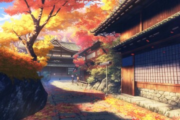 秋 紅葉 日本 京都 神社 自然 風景 イラスト 観光地, generative ai