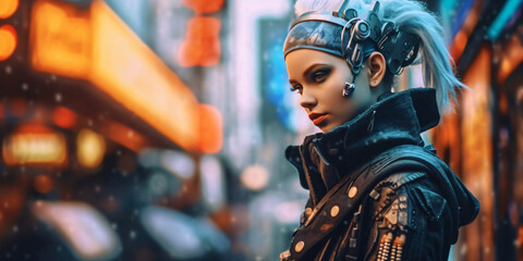 Fototapeta na wymiar crazy female cyborg portrait, dystopian fashion woman, fictional person created with generative ai