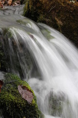 mountain stream in winter with fallen leaves and moss with water at a slow shutter speed 