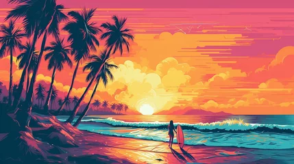 Foto auf Acrylglas Antireflex Tropical beach landscape with surfing girl and palms.  © Aura