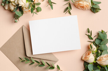 Blank stylish wedding invitation card mockup with envelope and flowers, empty card mock up with copy space