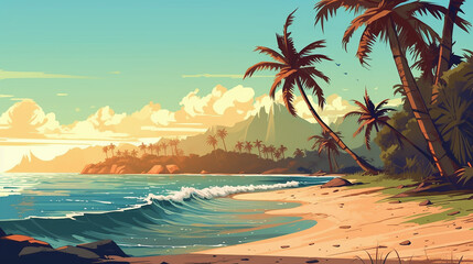 Fototapeta na wymiar Illustration of a tropical beach paradise island. 