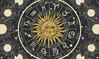 Fototapeta na wymiar Astrology banner with sun, moon and zodiac signs, mystical tarot card on black background, horoscope background, magic vector boho illustration, fortune teller, mythology.