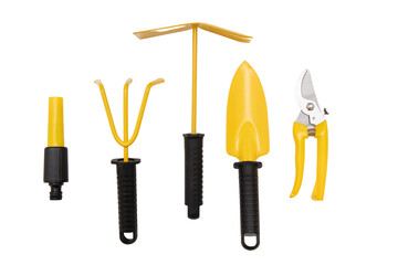 Gardening yellow set. Garden tools isolated on transparent background, view from above, PNG