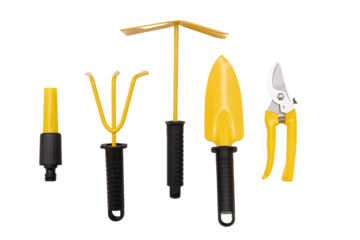 Gardening yellow set. Garden tools isolated on transparent background, view from above, PNG