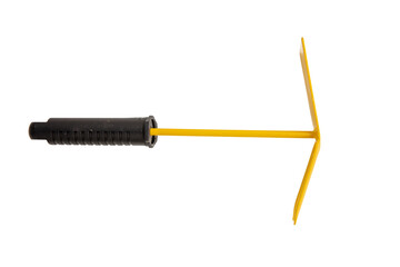 Garden hoe rake yellow color isolated on transparent background, view from above, PNG