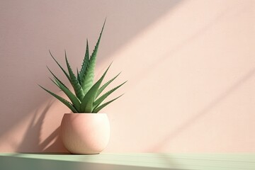 0248. Aloe vera in front of light pastel wall. Generative AI
