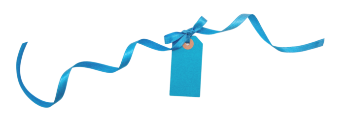 Blank blue price tag isolated on transparent background. Pastel color empty gift card and ribbon bow, PNG