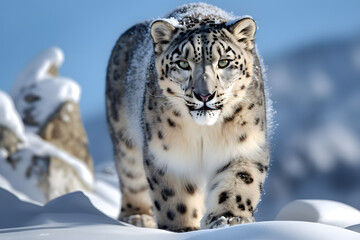 snow leopard in snow, white fluffy fur, snowy mountainous environment, portrait, Generative AI