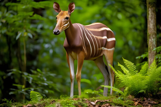 Young Okapi standing in a lush, green forest, reddish-brown fur, portrait, Generative AI