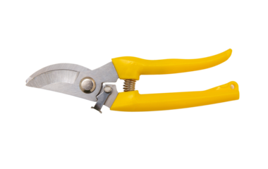 Garden pruning shears yellow handle isolated on transparent background, top view. PNG