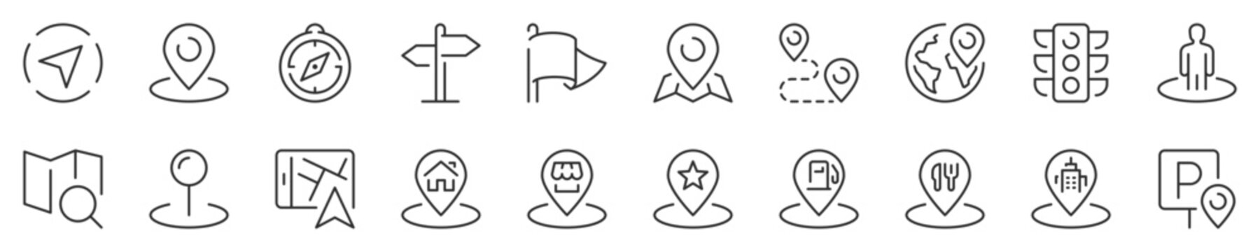 Line icons about navigation and location, thin line icon set 1/2. Symbol collection in transparent background. Editable vector stroke. 512x512 Pixel Perfect.