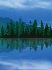 Papier Peint photo autocollant Forêt dans le brouillard green trees in forest with reflection in blue lake