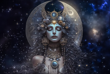 Goddess of Moon on the universe background. Generative AI, non-existent person