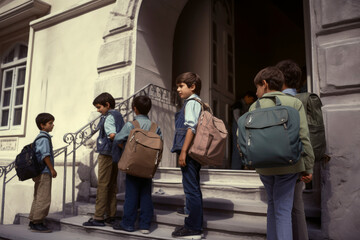Fototapeta premium Generative AI illustration of Group of 10 - year - old students at the entrance of a school on the first day of class