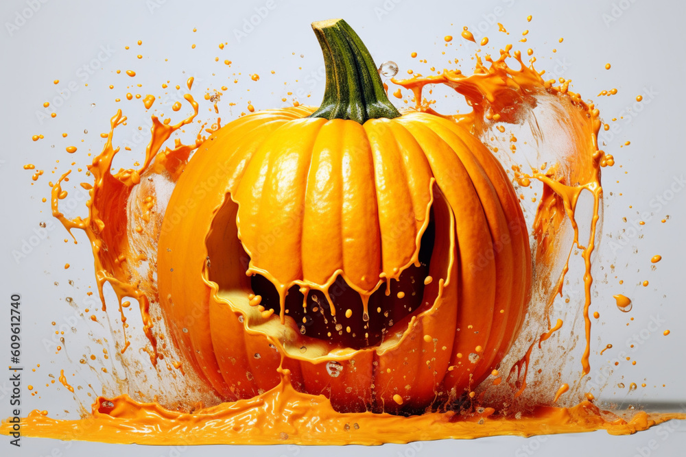 Poster an vibrant photograph of a pumpkin splashed in bright paint, symbolizing freshness and health. gener