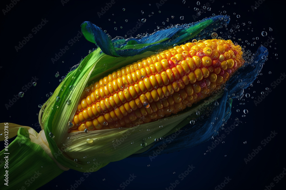 Poster an vibrant photograph of a corn splashed in bright paint, symbolizing freshness and health. generati