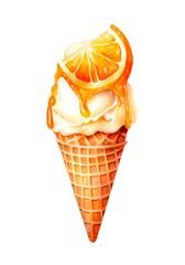 Watercolor illustration of an orange ice cream in a waffle cone on white background. Generative AI.