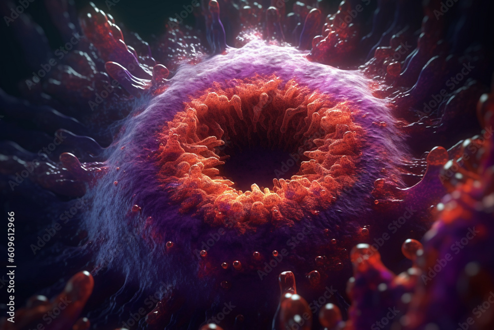 Poster A bacterial colony with a circular shape and a textured surface, exhibiting a dark purple coloration. Generative AI technology.