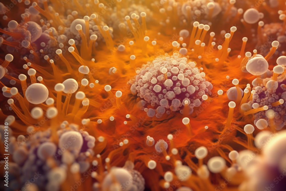Poster A clustered bacterial colony with irregular boundaries and a pale orange color, resembling a cluster of tiny spheres.  Generative AI technology.