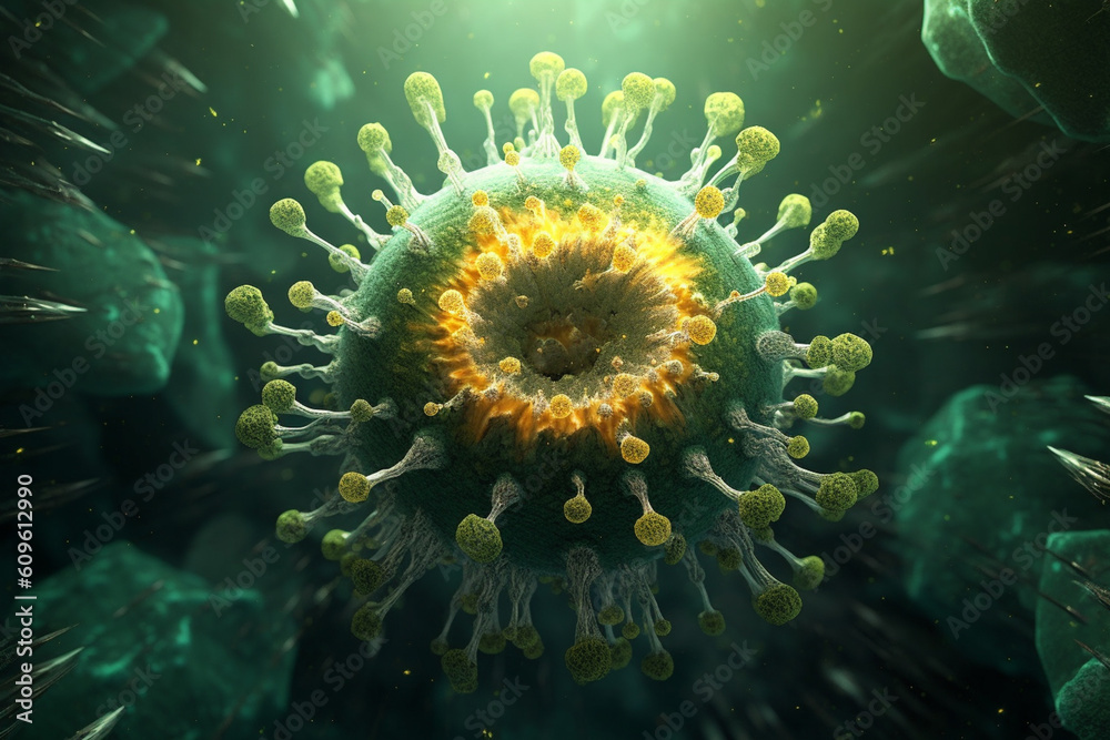 Aufkleber A bacterial colony with a star-like shape and radial projections, displaying a combination of green and yellow hues.  Generative AI technology.