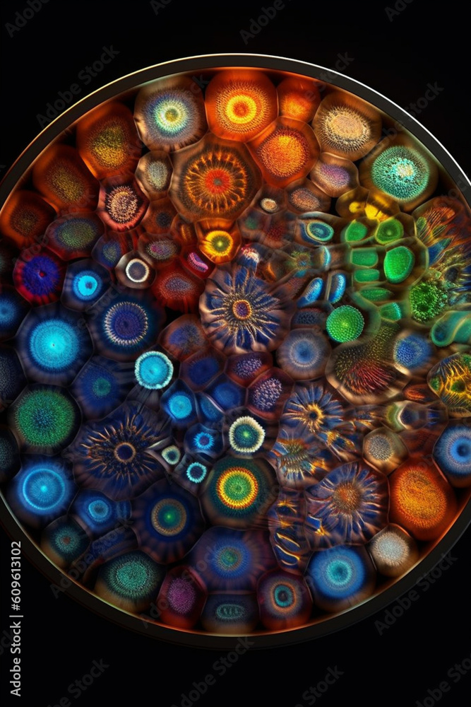 Poster An agar plate with well-defined bacterial colonies arranged in a circular pattern, resembling a colorful mosaic. Generative AI technology.