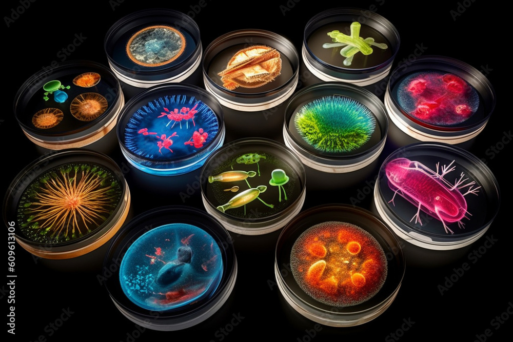 Poster Multiple petri dishes showcasing bacterial colonies of different shapes and sizes, creating a visually striking composition.  Generative AI technology.