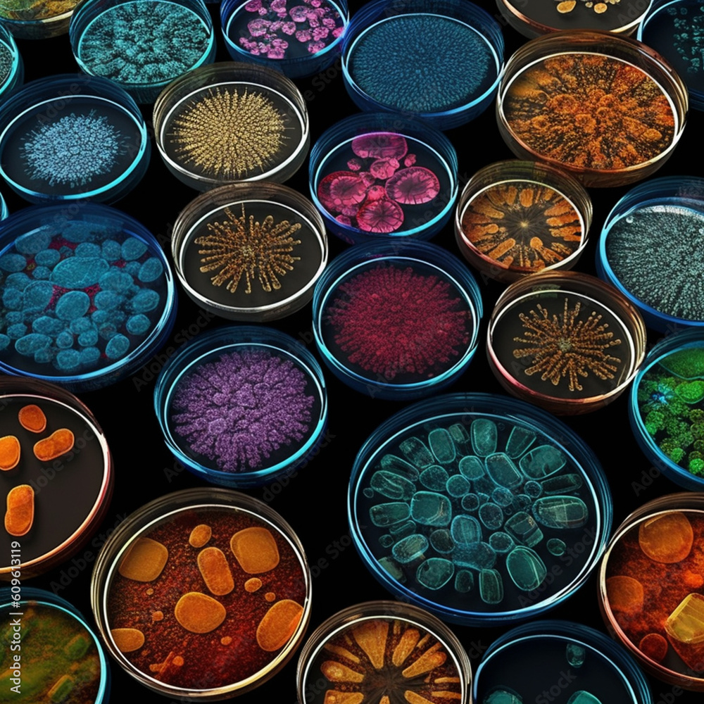 Aufkleber Multiple petri dishes showcasing bacterial colonies that have formed intricate networks and interconnected structures.  Generative AI technology.