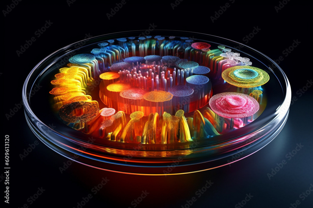 Poster a petri dish featuring bacterial colonies arranged in concentric rings, with each ring showcasing a 