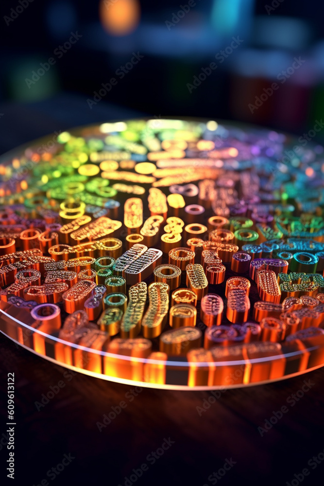 Poster An agar plate displaying bacterial colonies in the shape of letters, spelling out a word or a pattern.  Generative AI technology.