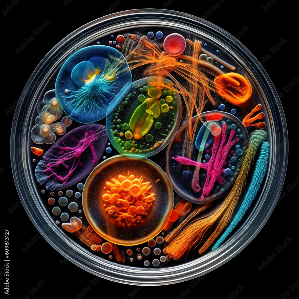 Aufkleber A high-resolution image of a petri dish capturing the intricate details of individual bacterial colonies, highlighting their unique shapes and colors. Generative AI technology.