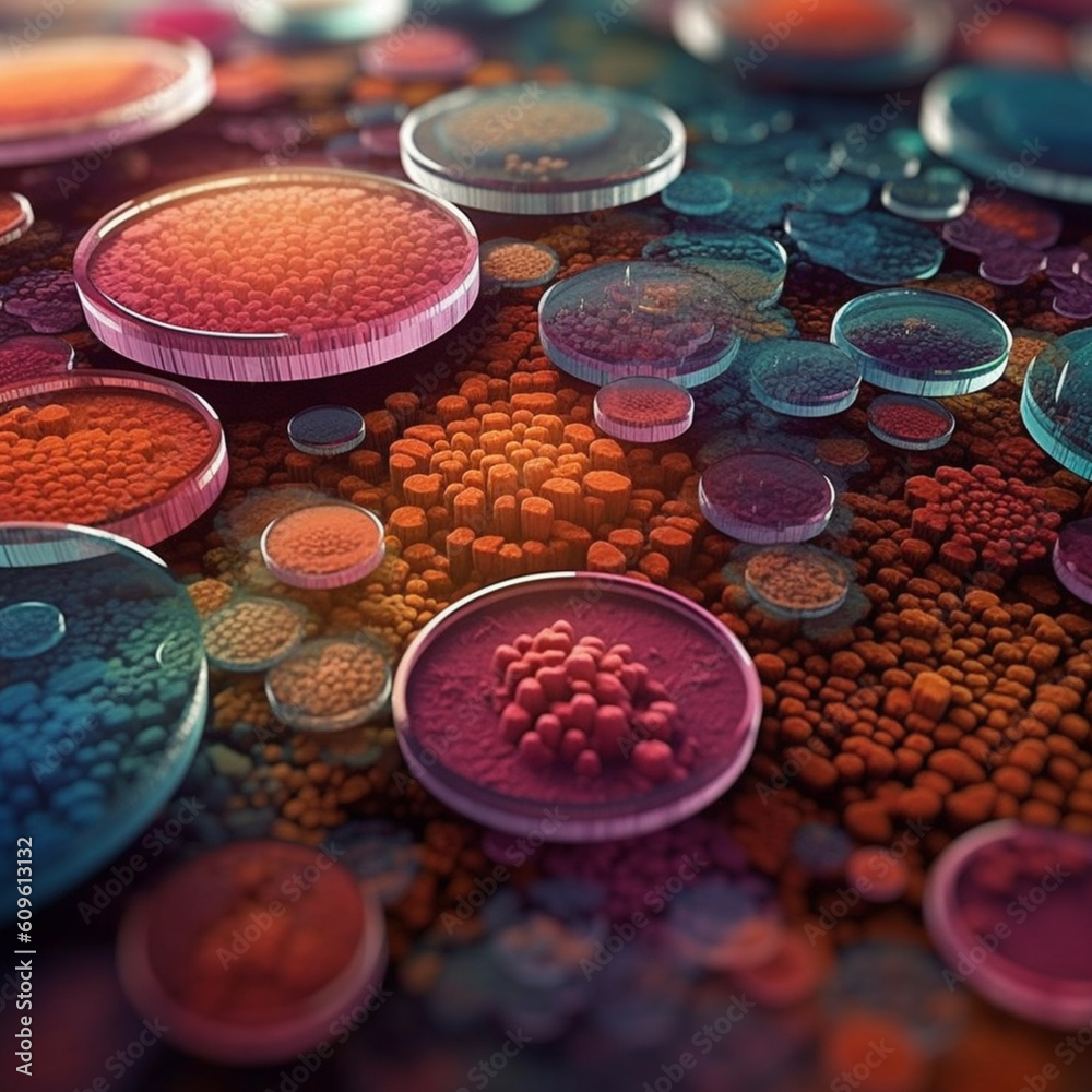 Poster A close-up image of a petri dish revealing bacterial colonies with distinctive textures, ranging from velvety to fuzzy.  Generative AI technology.