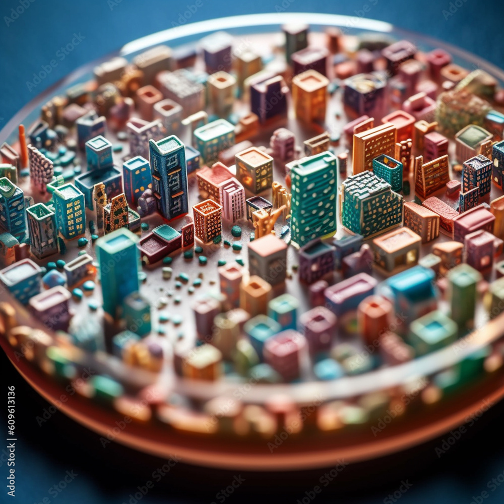 Poster A macro photograph of a petri dish capturing the intricate structures and patterns formed by bacterial colonies, resembling a miniature cityscape. Generative AI technology.