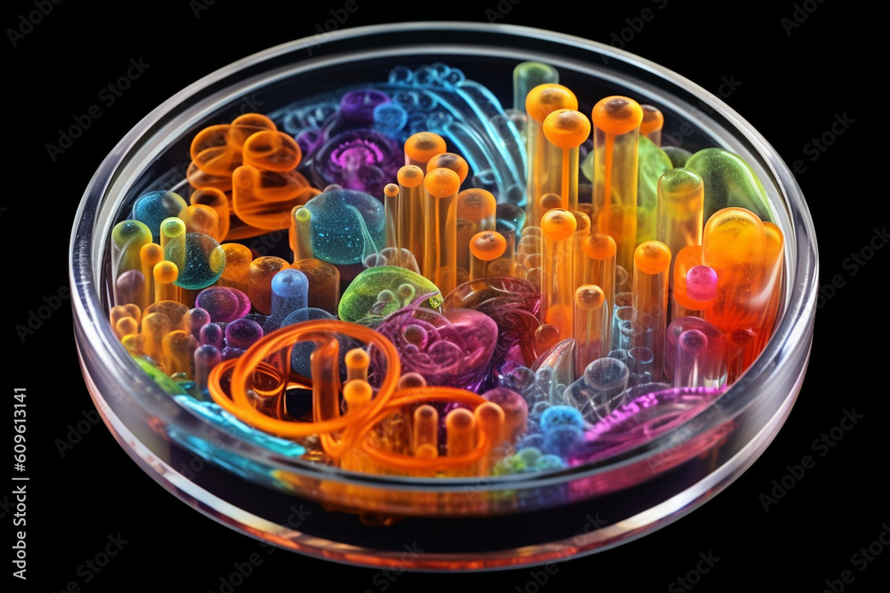 Poster A petri dish showcasing bacterial colonies that have merged and intertwined, creating a visually captivating and complex composition. Generative AI technology.