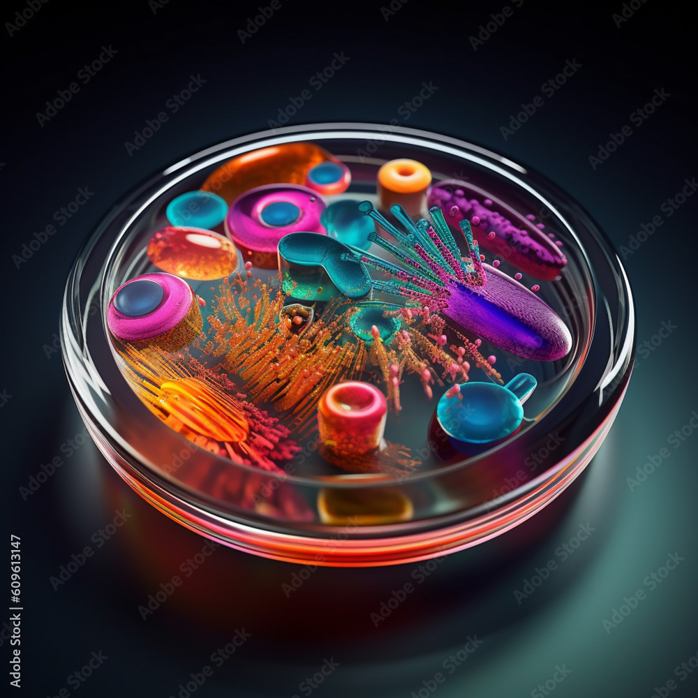 Poster a macro photograph of a petri dish capturing the vibrant and dynamic growth patterns of bacterial co