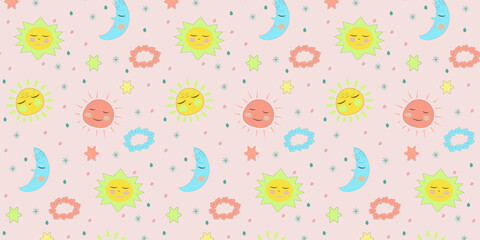 Seamless pattern vector background sun, heart, stars, flowers, lips, romance, valentine, childish. eps10 vector	
