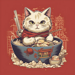 Cute Kawaii Cat with bowl of ramen