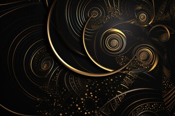 spiral golden lines on black abstract background. generative ai