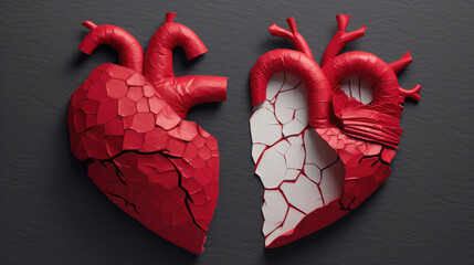 Paper Art Style of a Heart Split into Two Parts. Portrays heartbreak, separation, breakup, divorce, or a couple going through difficult times. With Licensed Generative AI Technology Assistance.