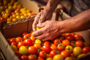 sorting red tomatoes in boxes harvested from the garden generative ai