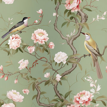 bird and peony chinoiserie seamless pattern