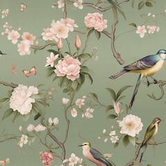 bird and peony chinoiserie seamless pattern
