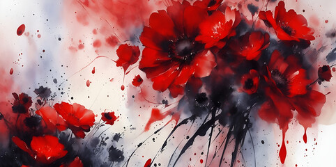 Black and red flowers paint. AI generated illustration