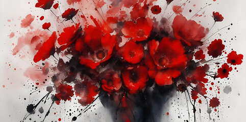 Black and red flowers paint. AI generated illustration