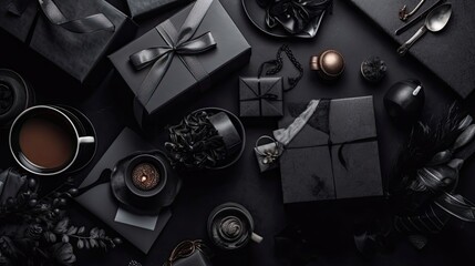 Black Friday sale banner with concept design of gift box and black tape on black background