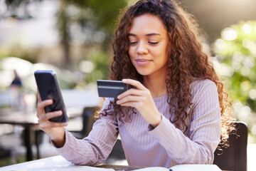 Woman, smartphone and credit card at a restaurant in the outdoor with checking for finance. Female person, paying and mobile for an online payment at a cafe in nature on an app with technology.