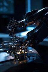 Plakat Unleashing Creativity: Intricate Detail and Perfect Lighting Bring the Robot Arm's Work on Graphics Card to Life in a Mesmerizing Cinematic Setting - Created using generative AI